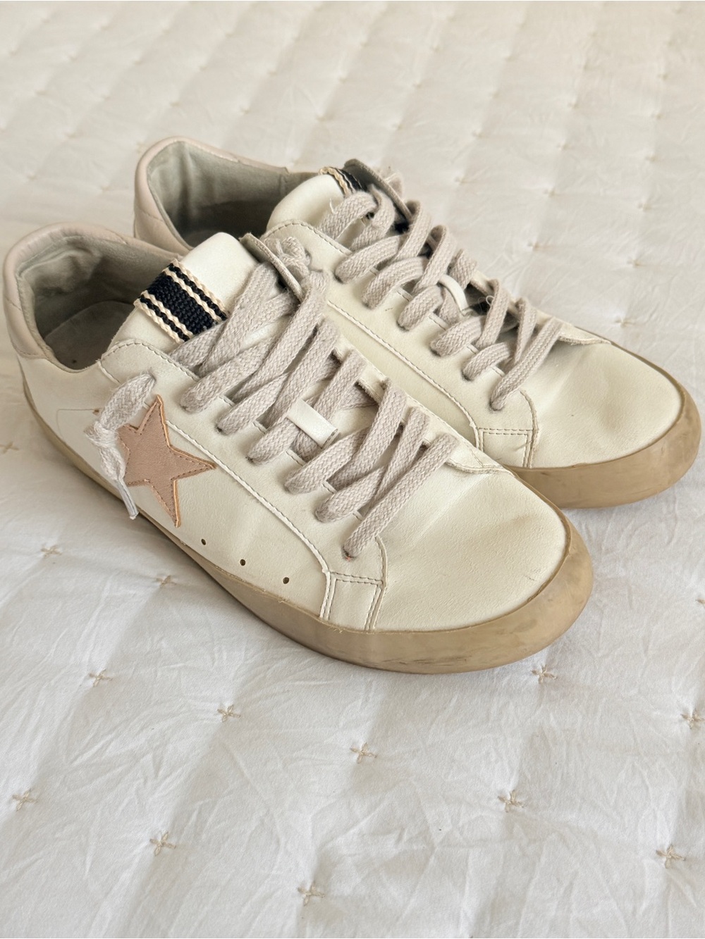 ShuShop Paula white sneakers with iridescent pink star and grey heel